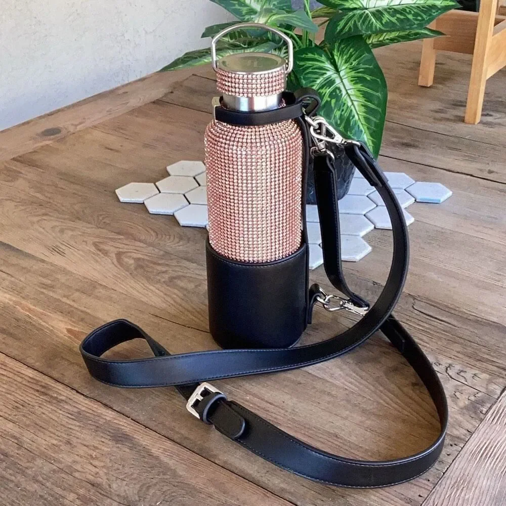 New Tomo Rhinestone Water Bottle w/ Vegan Leather Glam Bag Holder Rose Gold